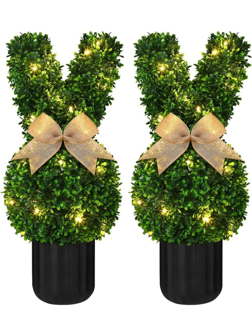 Easter Bunny Topiary Tree Set - 23.6" Faux Boxwood with String Lights for